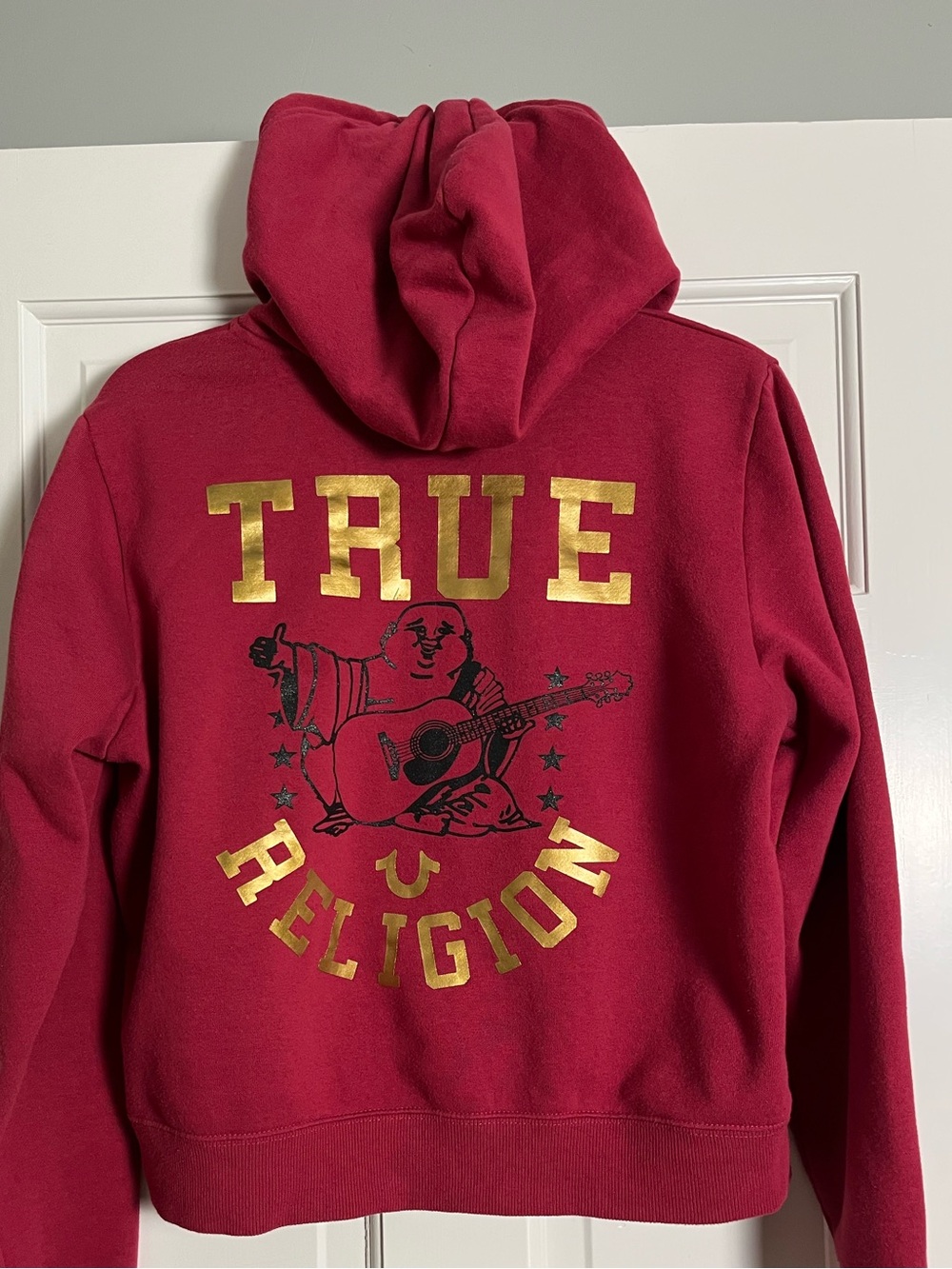 True Religion Berry Red Cropped Hoodie with Graphic Buda Logo on Back. Size XL
